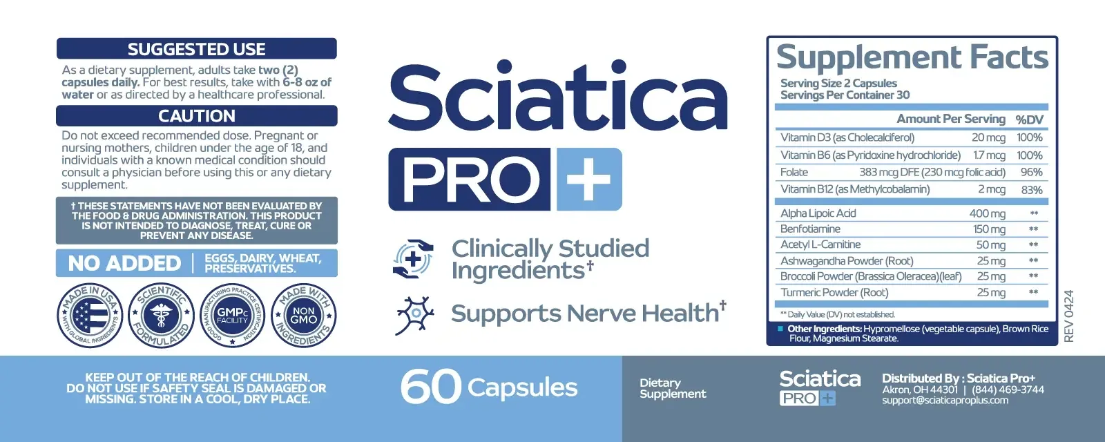 The flat Sciatica PRO+ label artwork showing the Supplement Facts panel